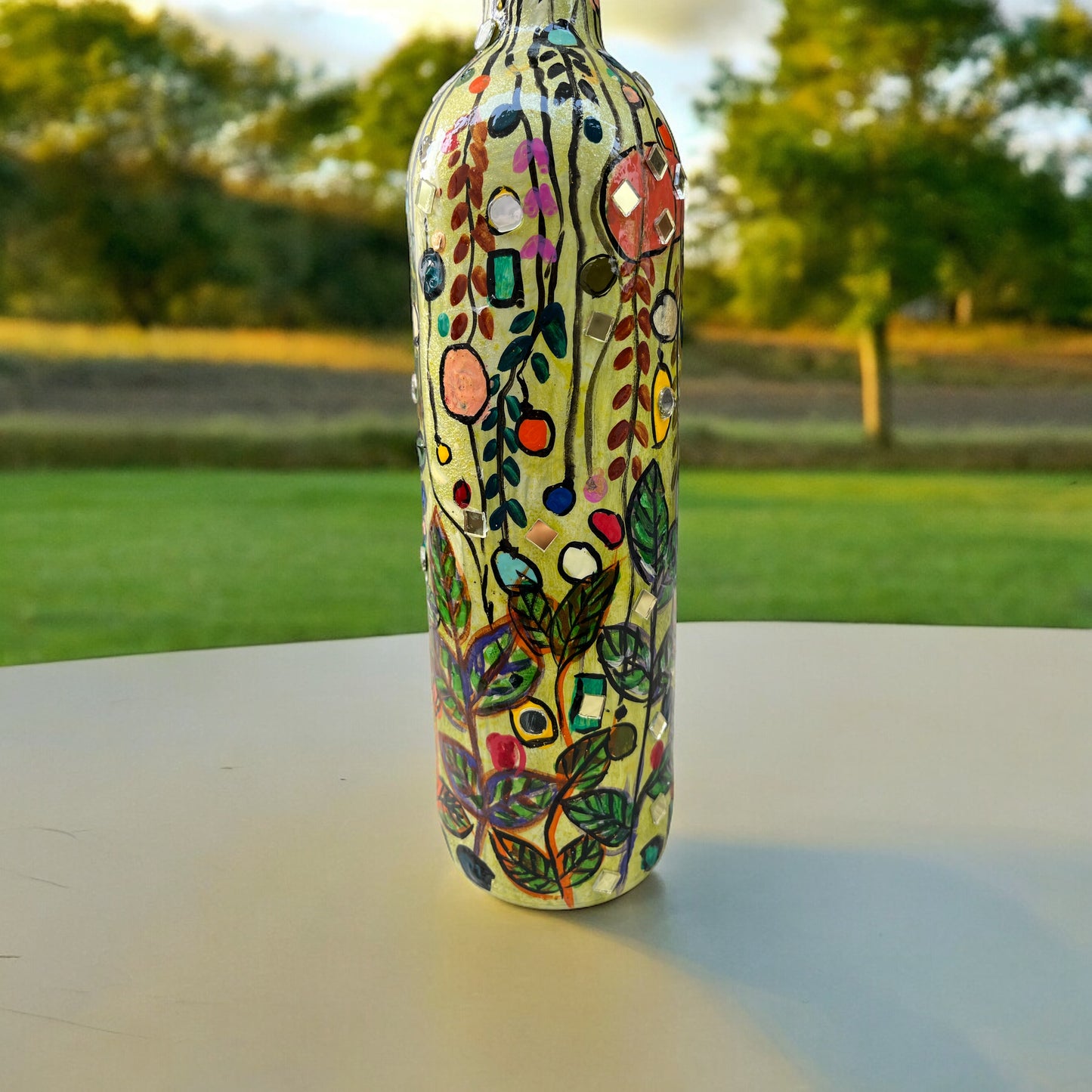 Hand Painted Glass Bottle - Abstract Leaves