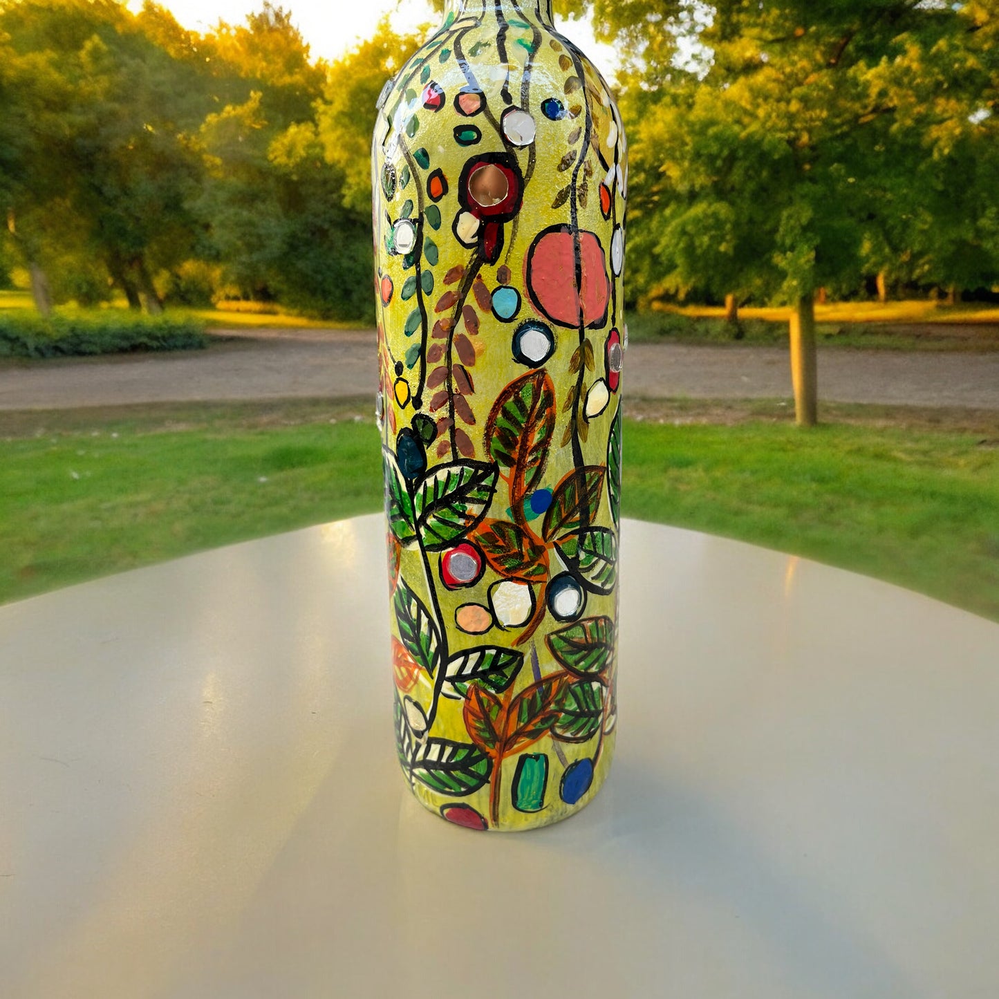 Hand Painted Glass Bottle - Abstract Leaves