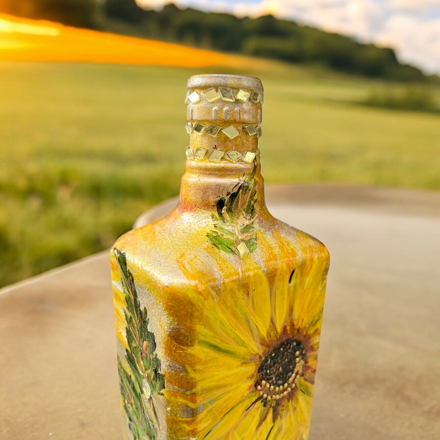 Hand Painted Glass Bottle - Sunflowers