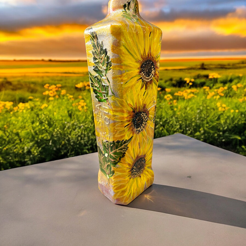 Hand Painted Glass Bottle - Sunflowers