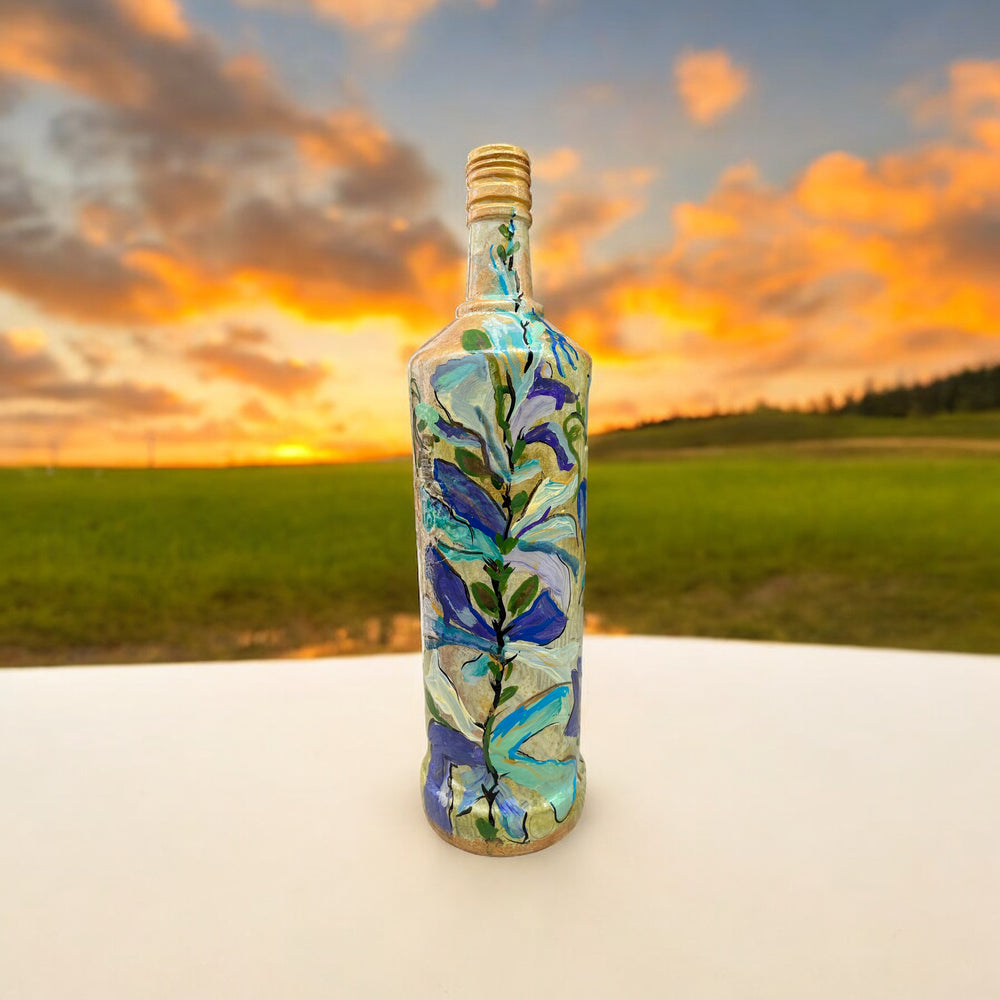 Hand Painted Glass Bottle - Aqua Floral