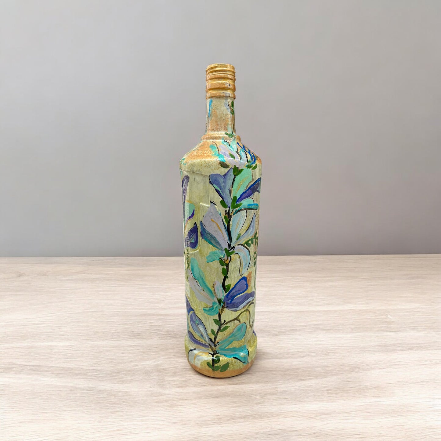 Hand Painted Glass Bottle - Aqua Floral