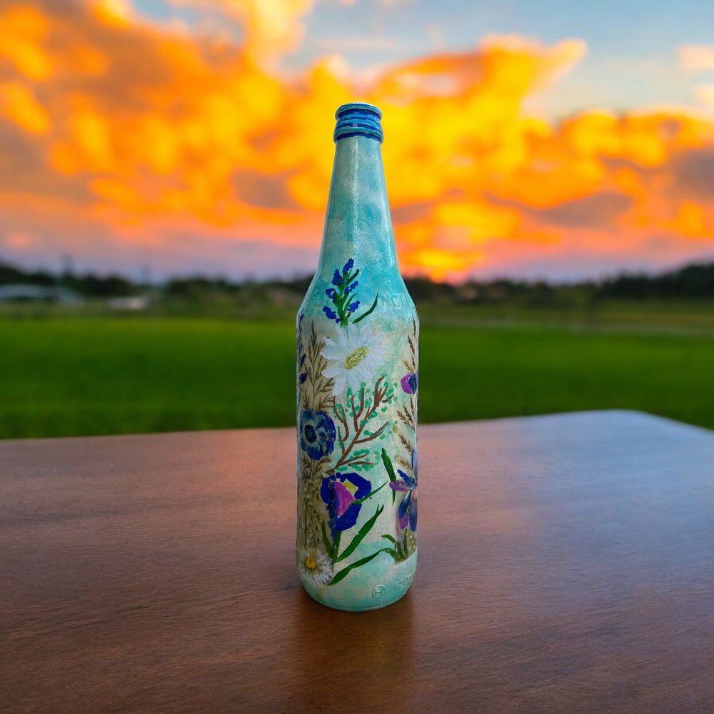 Decoupage Hand Painted Glass Bottle - Blue Floral