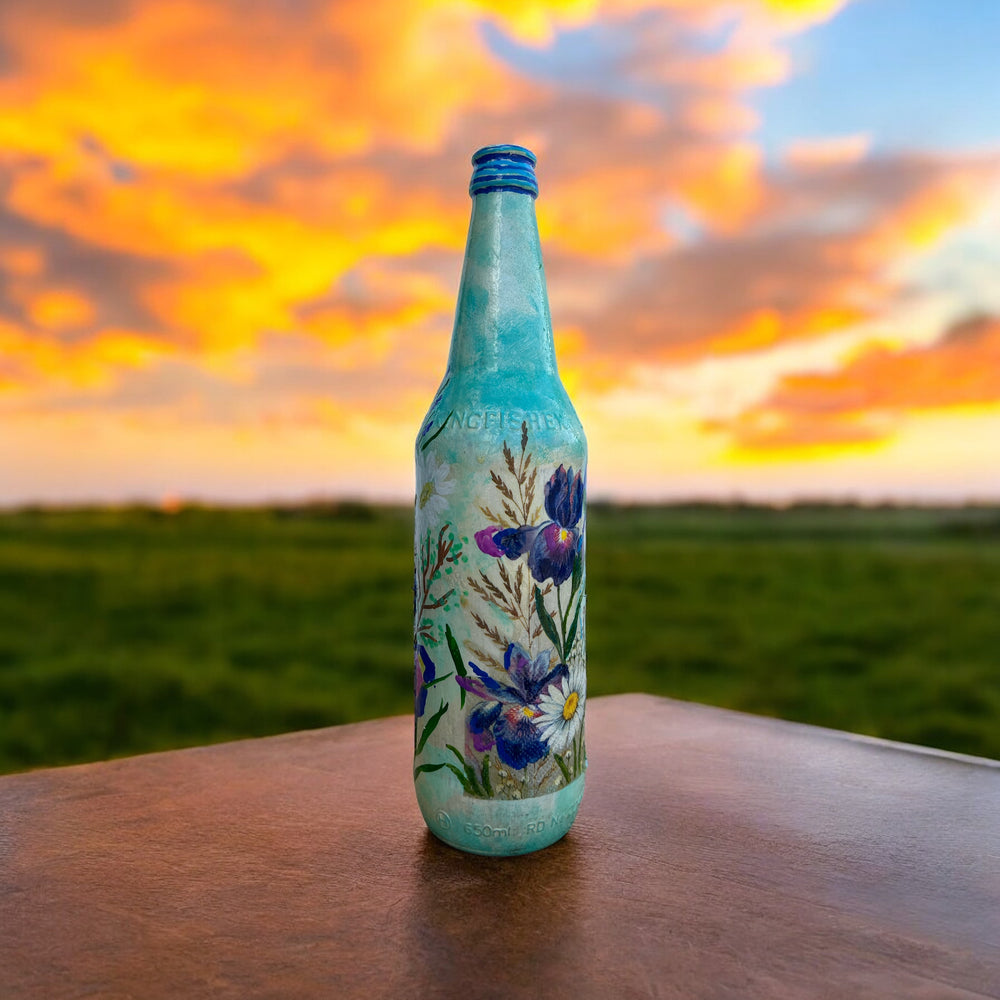 Decoupage Hand Painted Glass Bottle - Blue Floral