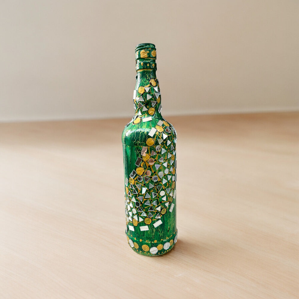 
                      
                        Hand Painted Glass Bottle - Mirrors on Green
                      
                    