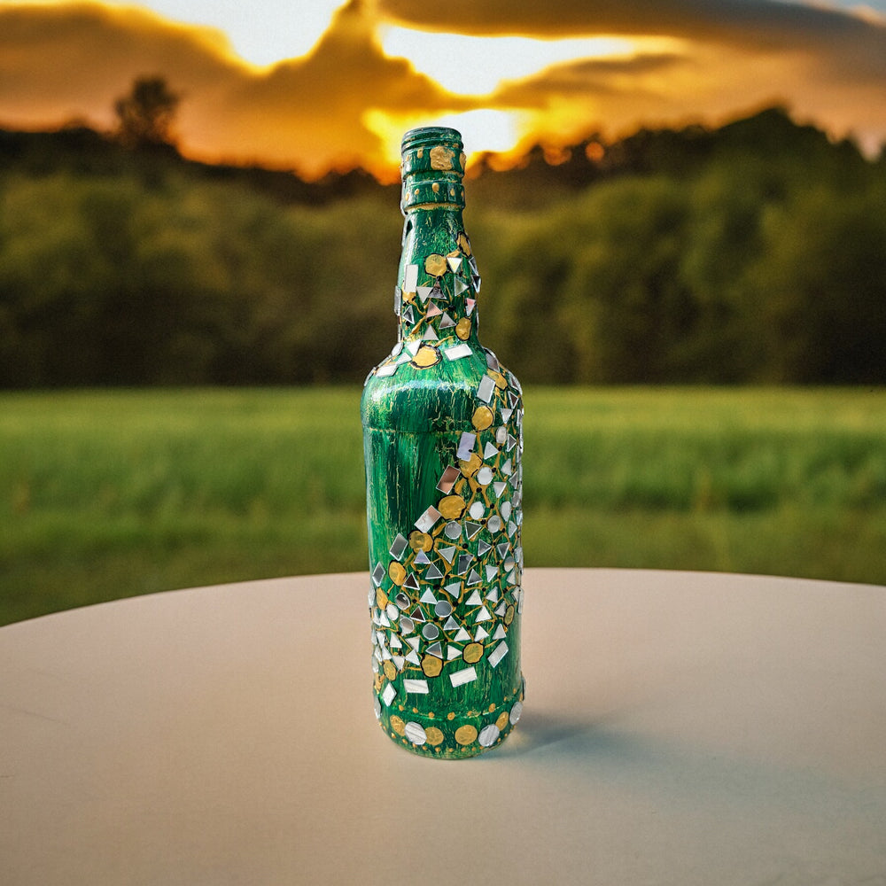
                      
                        Hand Painted Glass Bottle - Mirrors on Green
                      
                    
