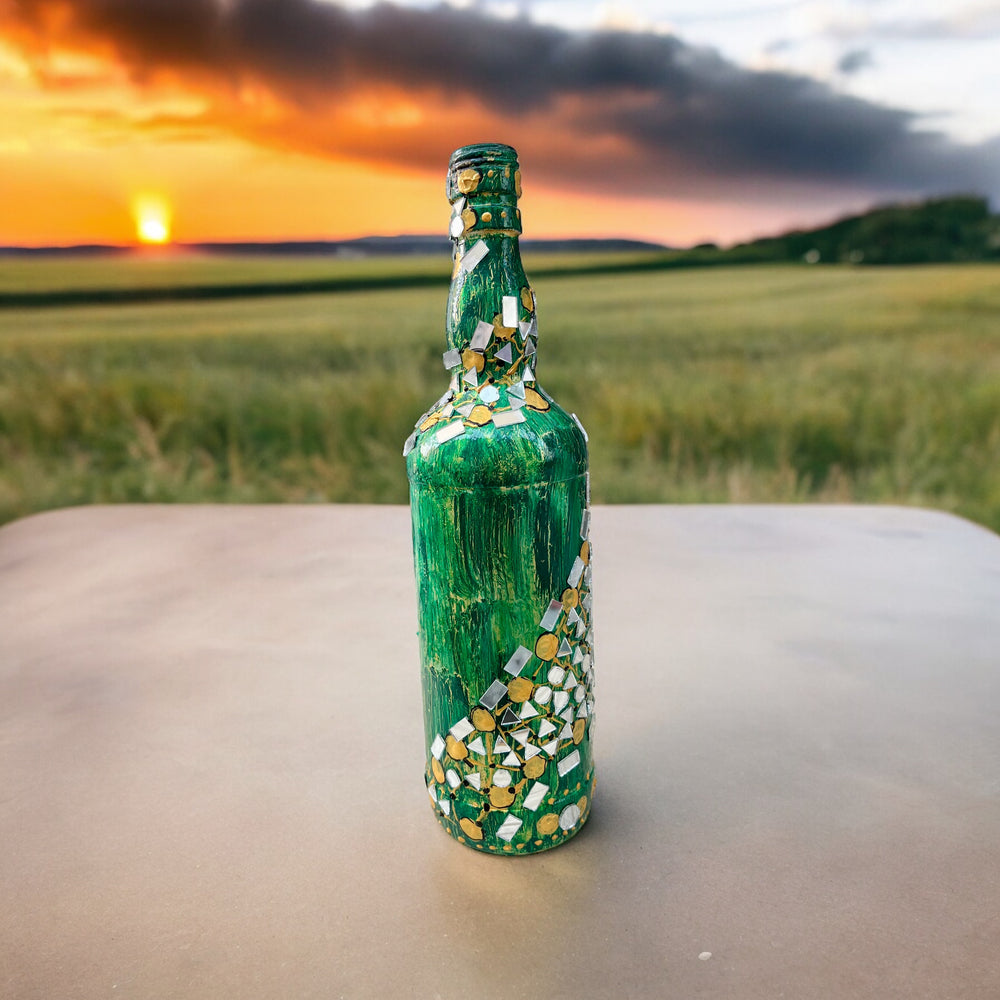 
                      
                        Hand Painted Glass Bottle - Mirrors on Green
                      
                    