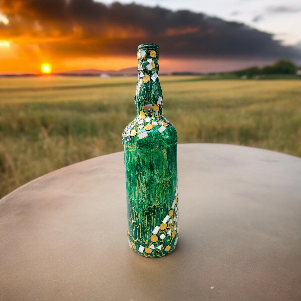 
                      
                        Hand Painted Glass Bottle - Mirrors on Green
                      
                    