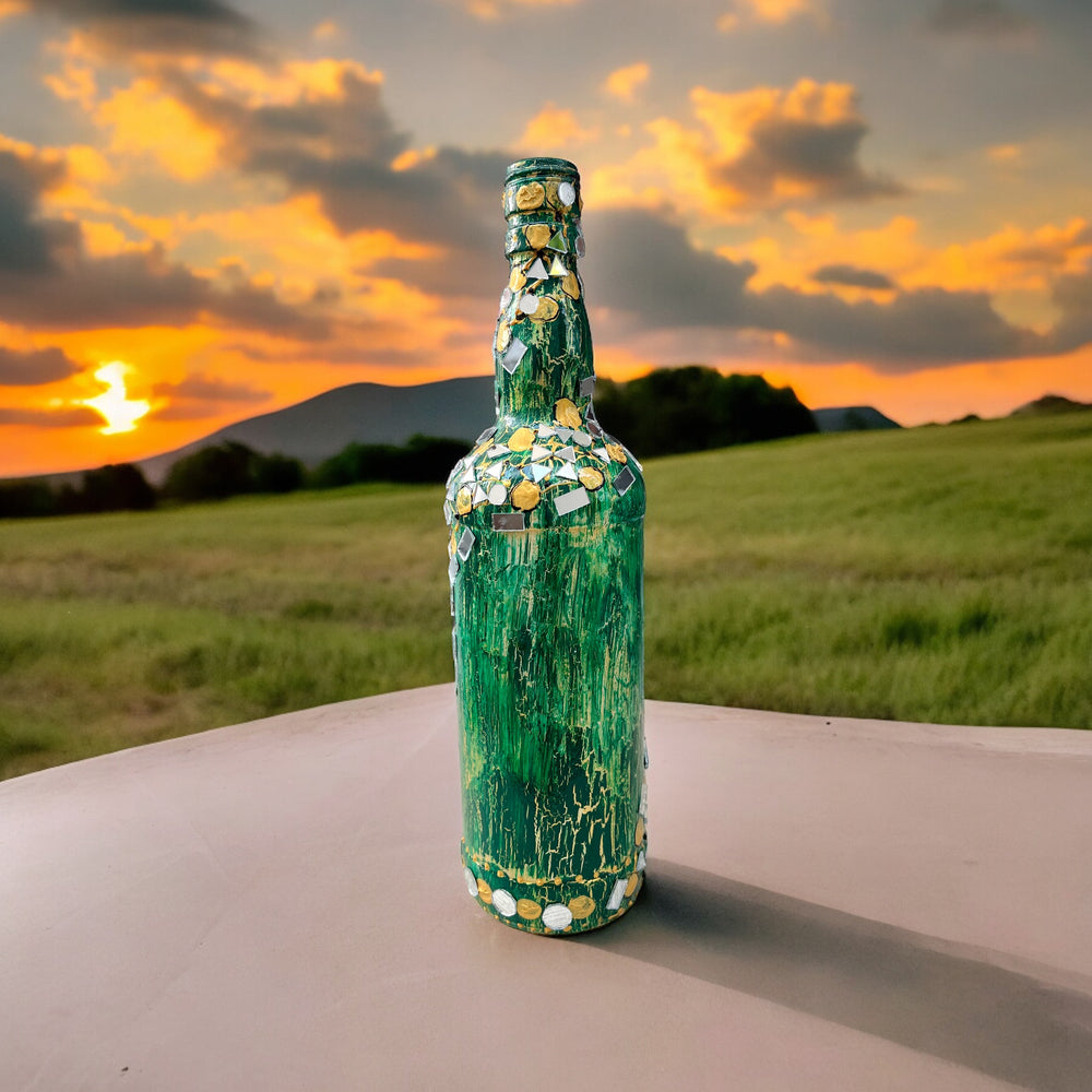 
                      
                        Hand Painted Glass Bottle - Mirrors on Green
                      
                    