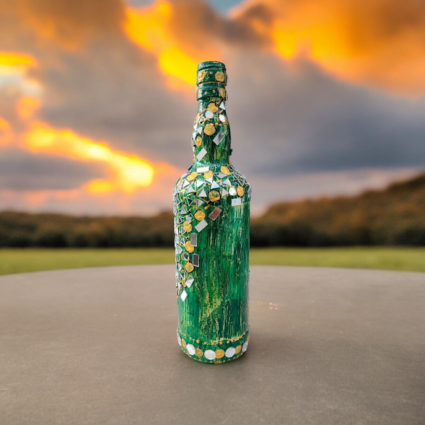 Hand Painted Glass Bottle - Mirrors on Green