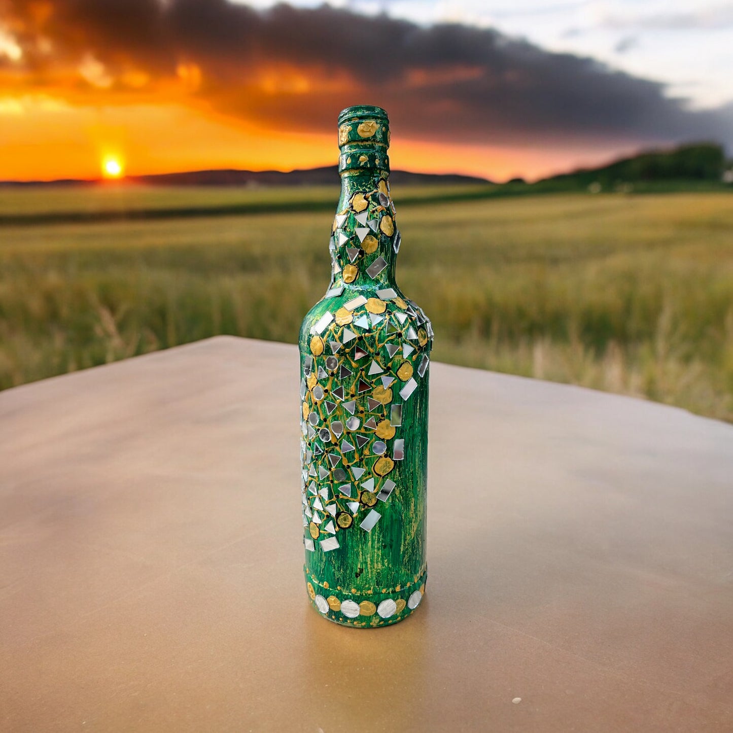 Hand Painted Glass Bottle - Mirrors on Green