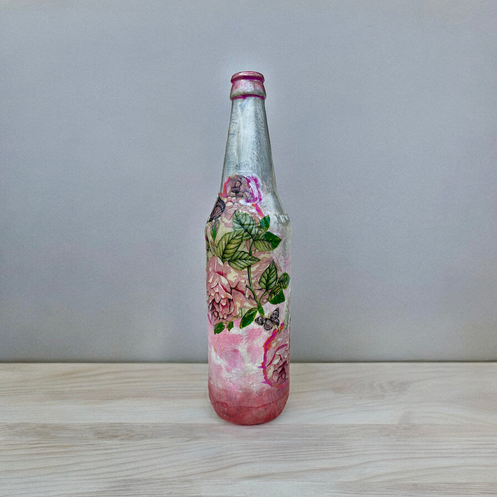 
                      
                        Decoupage Hand Painted Glass Bottle - Pink Roses
                      
                    