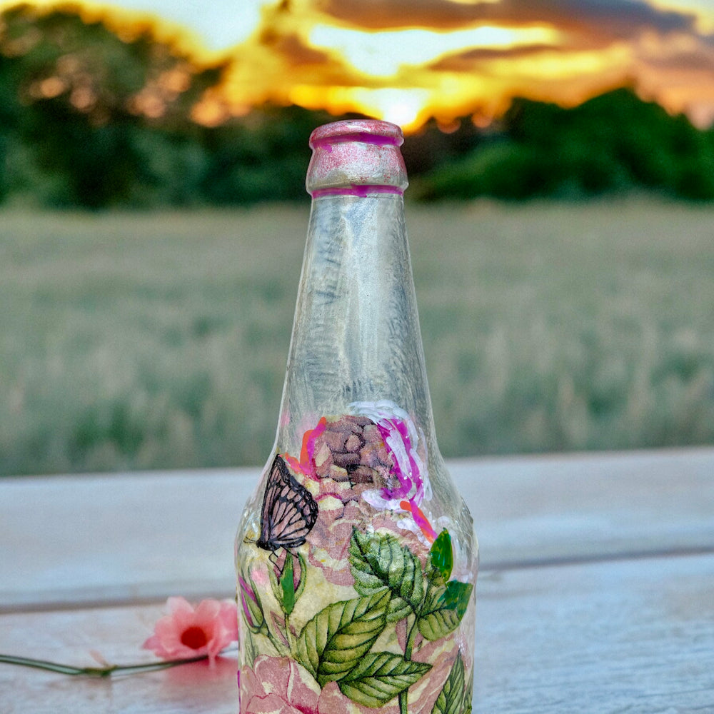 
                      
                        Decoupage Hand Painted Glass Bottle - Pink Roses
                      
                    