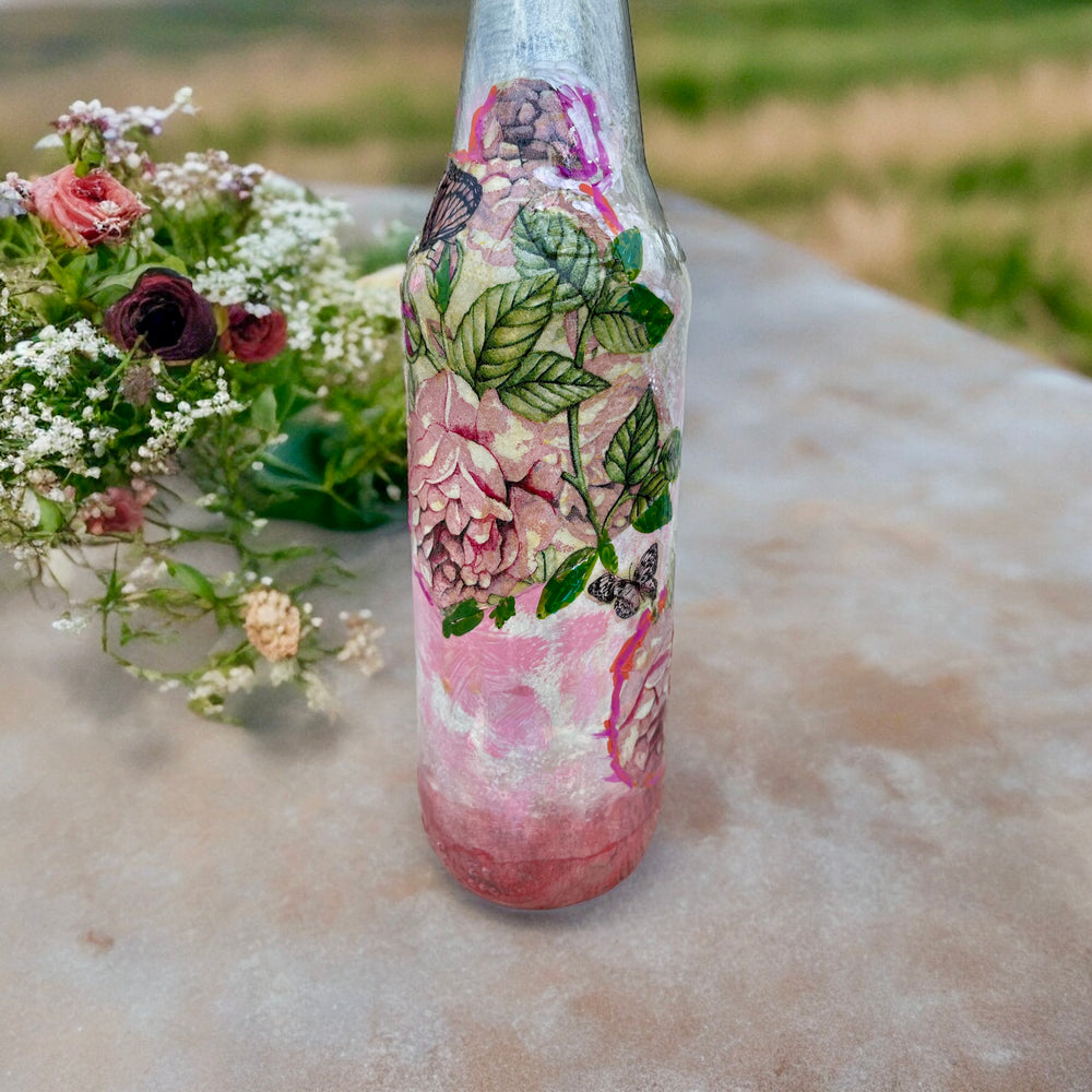 
                      
                        Decoupage Hand Painted Glass Bottle - Pink Roses
                      
                    