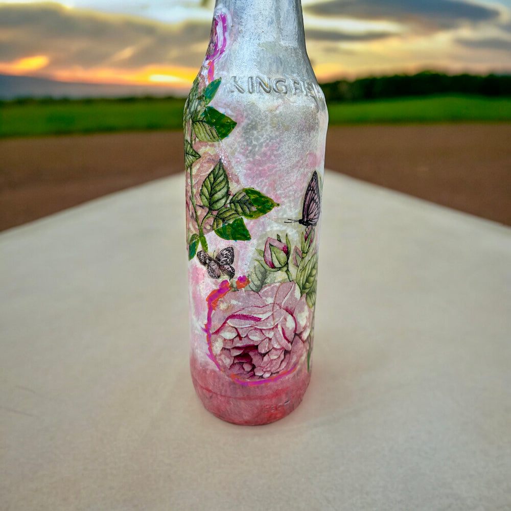 
                      
                        Decoupage Hand Painted Glass Bottle - Pink Roses
                      
                    