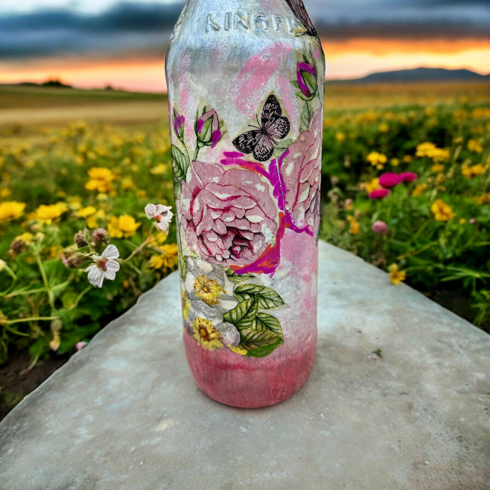 
                      
                        Decoupage Hand Painted Glass Bottle - Pink Roses
                      
                    