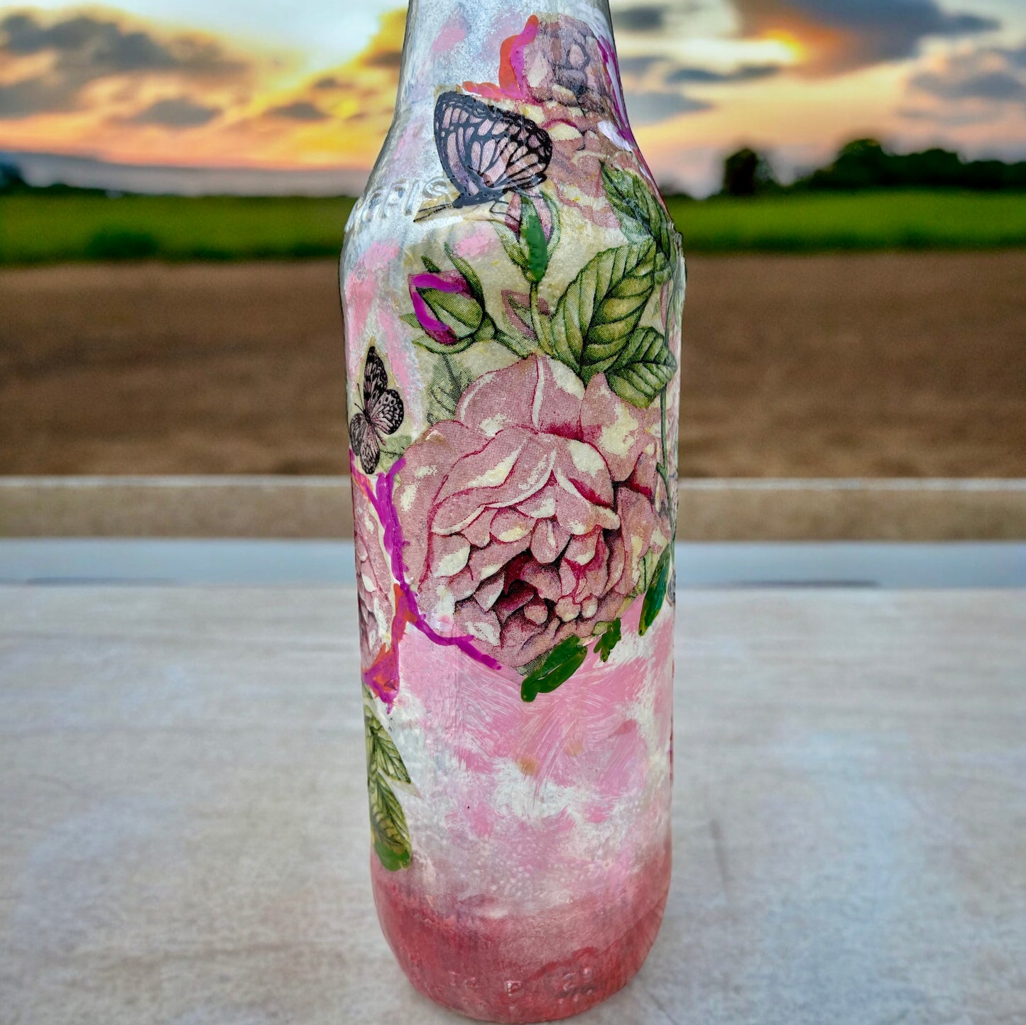 Decoupage Hand Painted Glass Bottle - Pink Roses