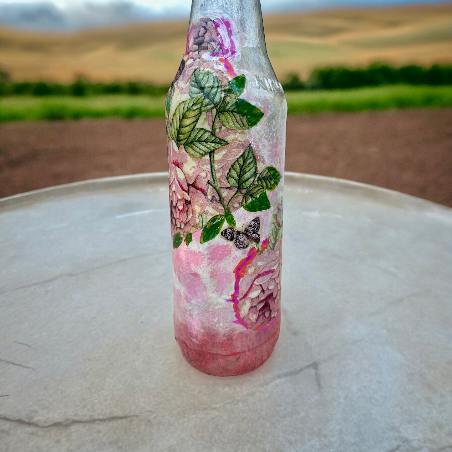 Decoupage Hand Painted Glass Bottle - Pink Roses