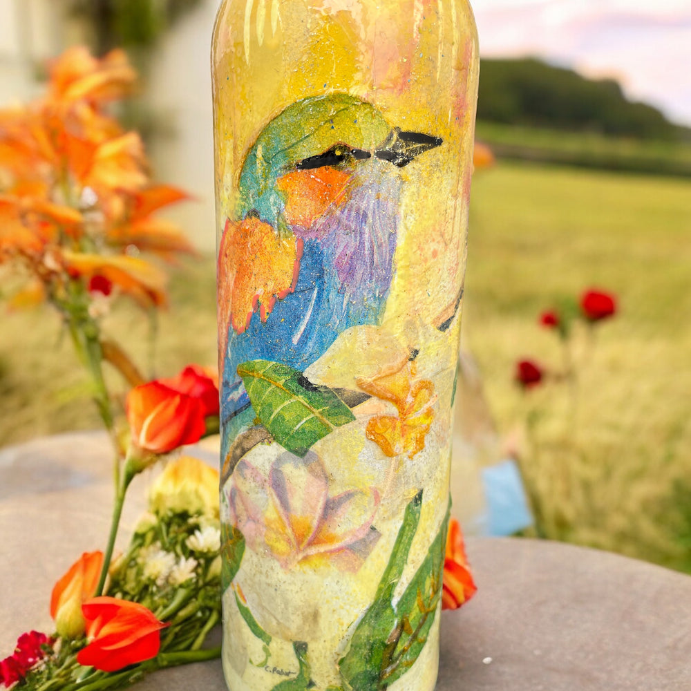 
                      
                        Decoupage Hand Painted Glass Bottle - Colourful Robin
                      
                    