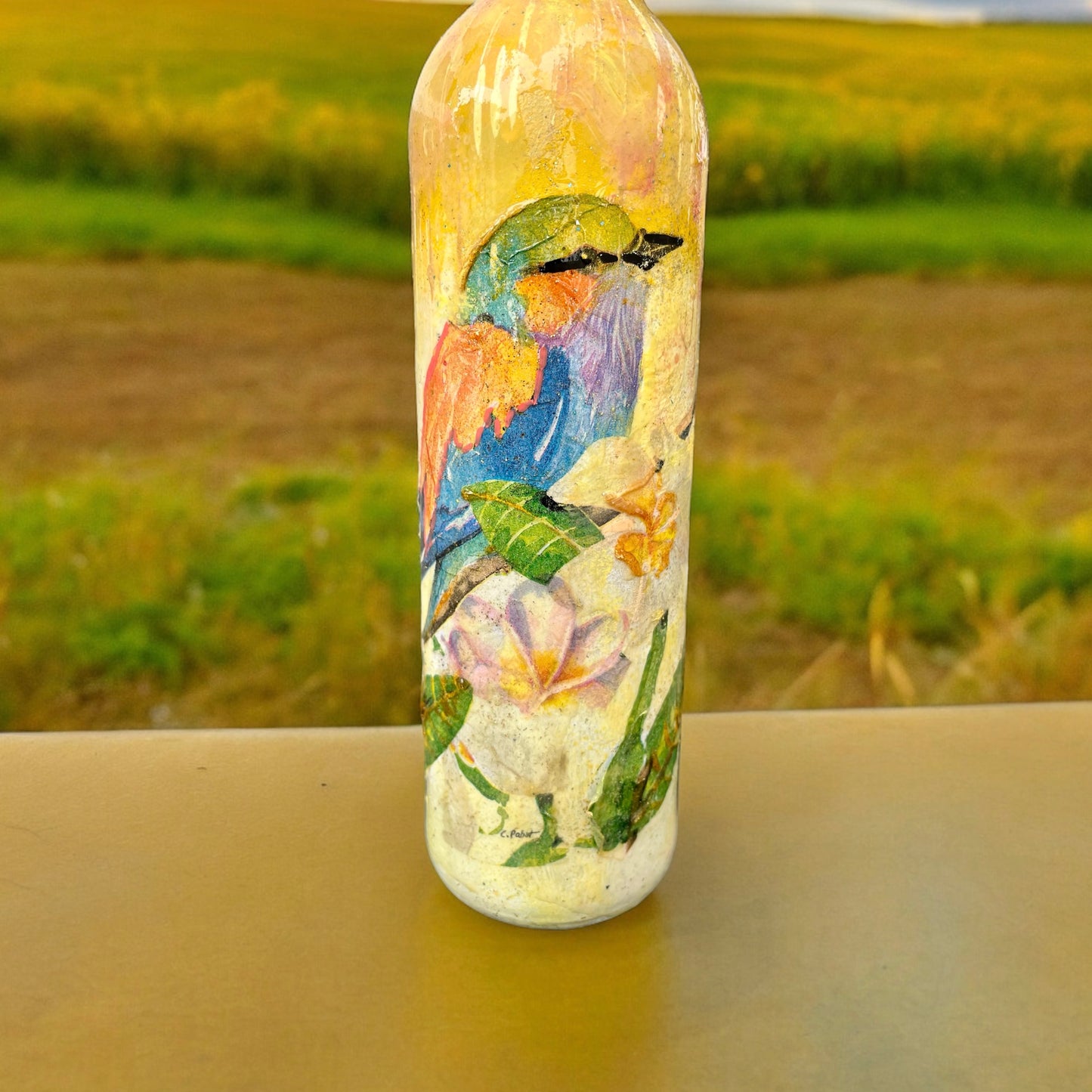 Decoupage Hand Painted Glass Bottle - Colourful Robin