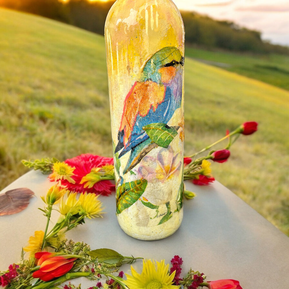 Decoupage Hand Painted Glass Bottle - Colourful Robin