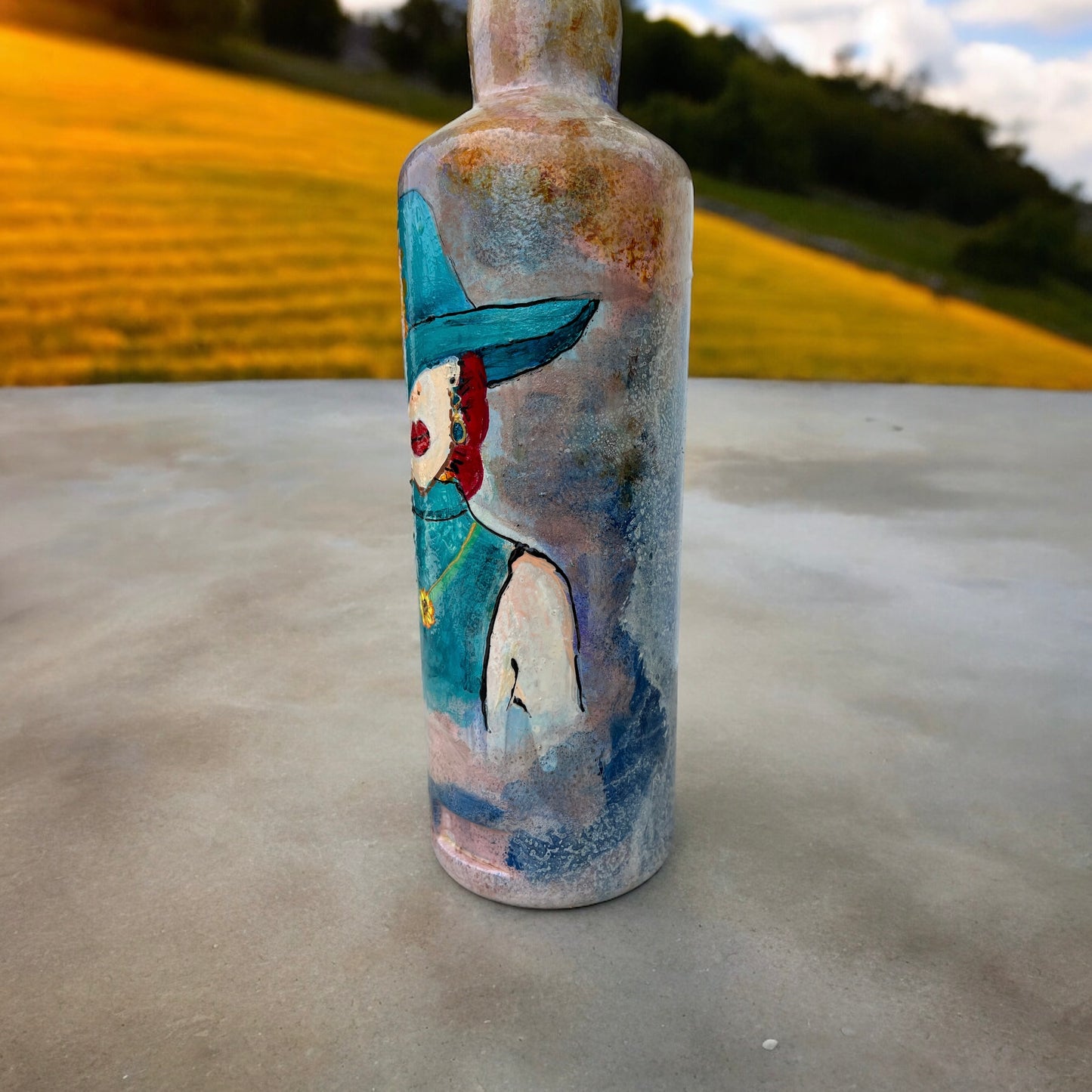 Hand Painted Glass Bottle - Lady in Blue hat