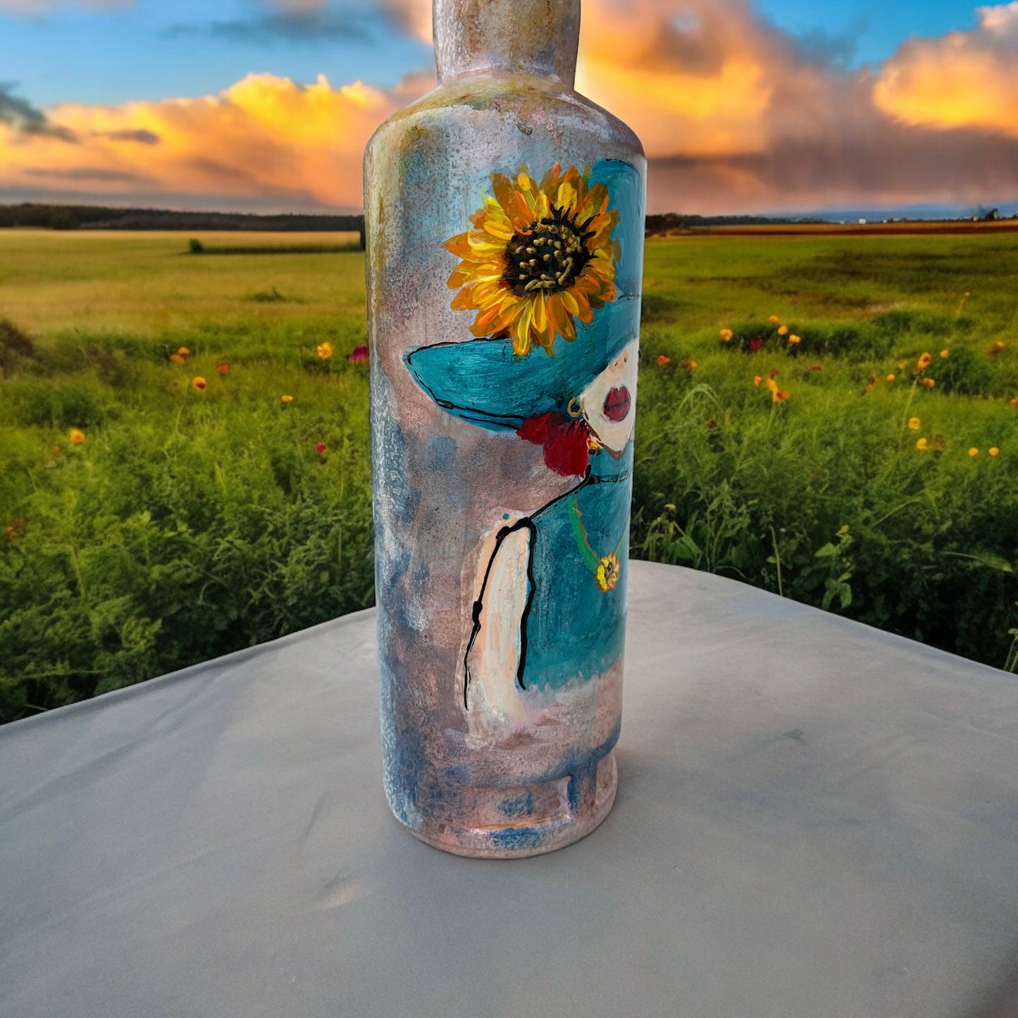 Hand Painted Glass Bottle - Lady in Blue hat