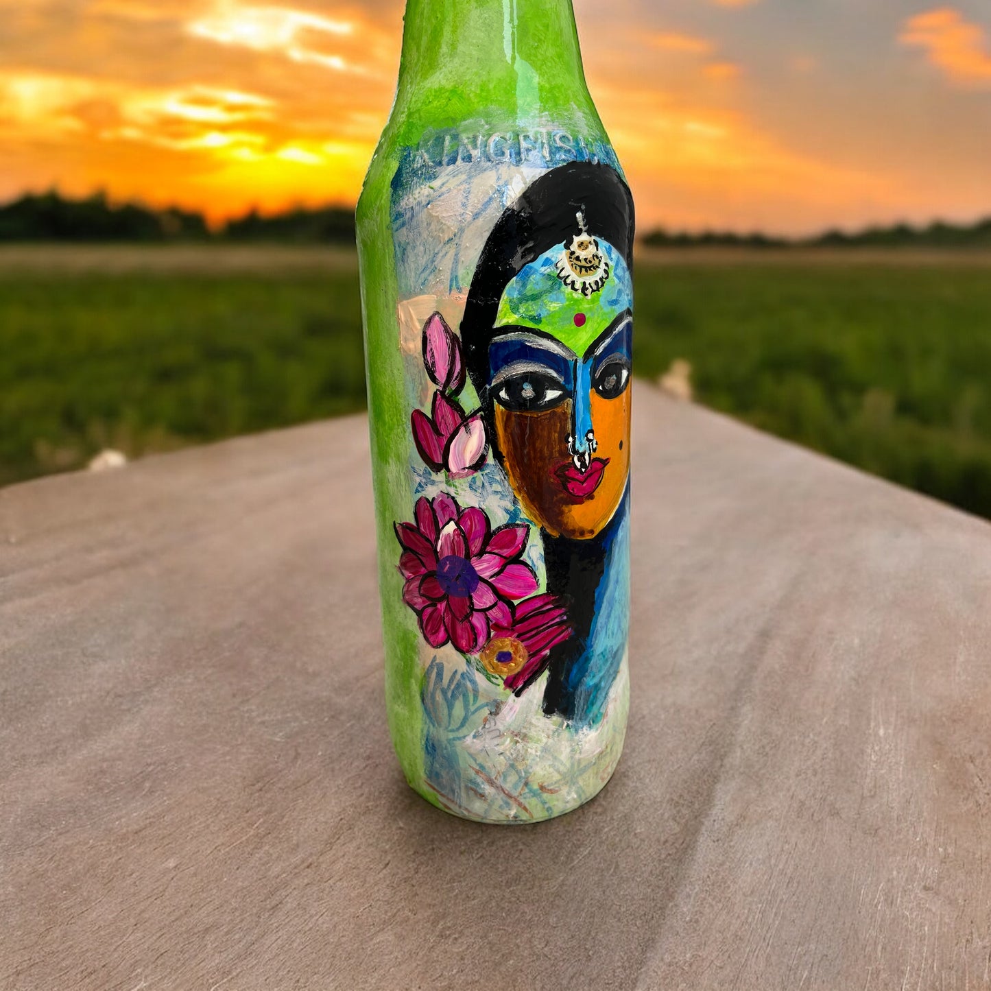 Hand Painted Glass Bottle - Captivating Face