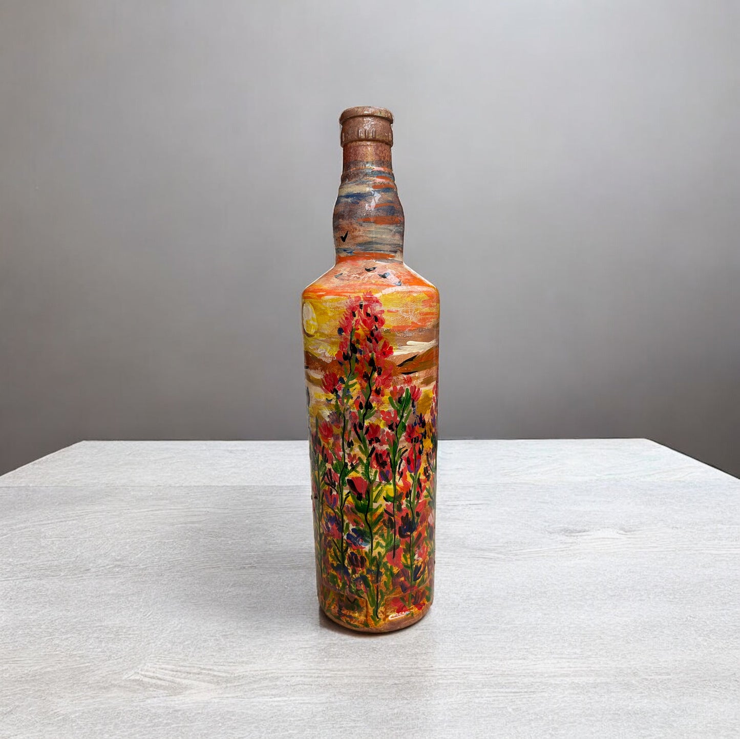 Hand Painted Glass Bottle - Fuchsia Flowers in Sunset