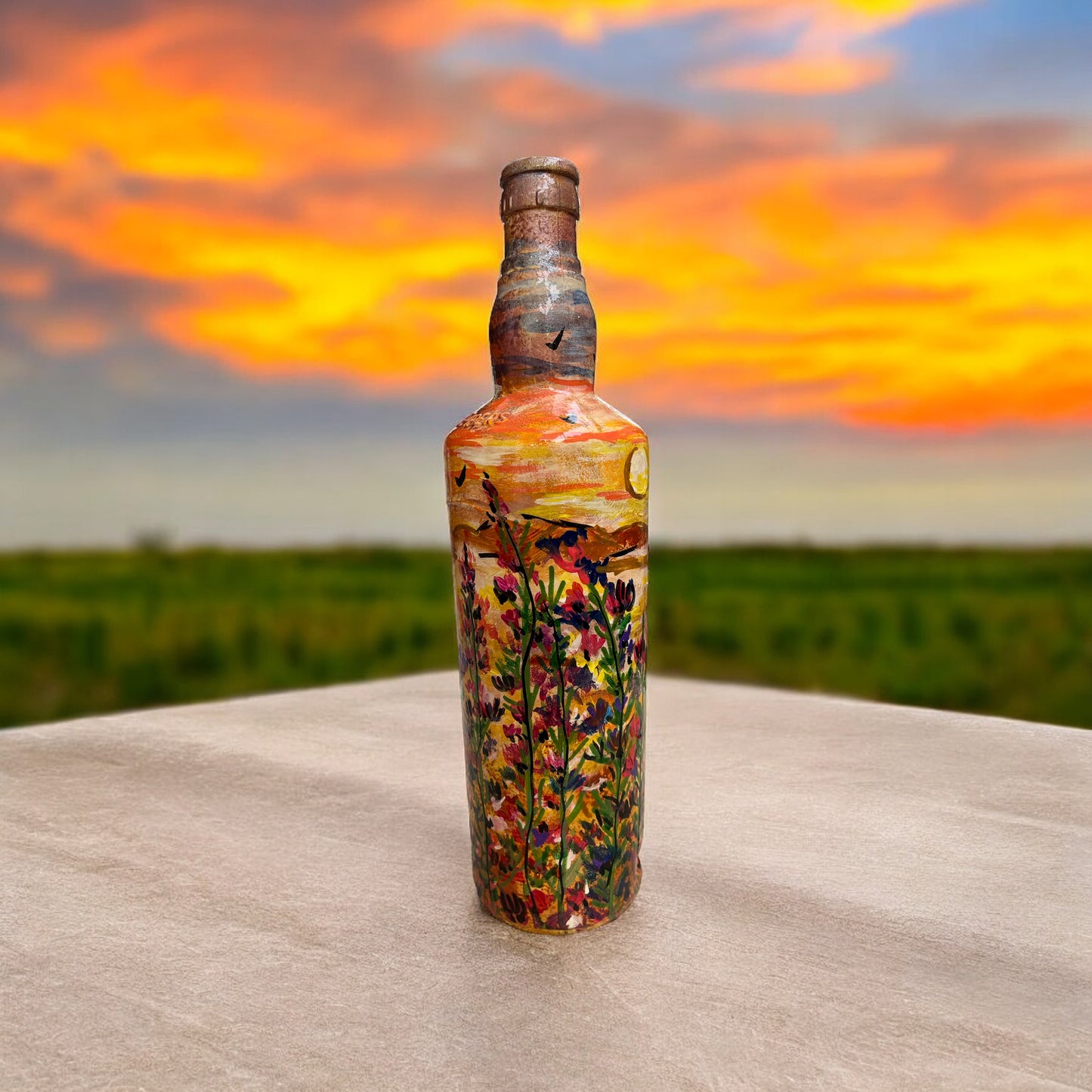 Hand Painted Glass Bottle - Fuchsia Flowers in Sunset