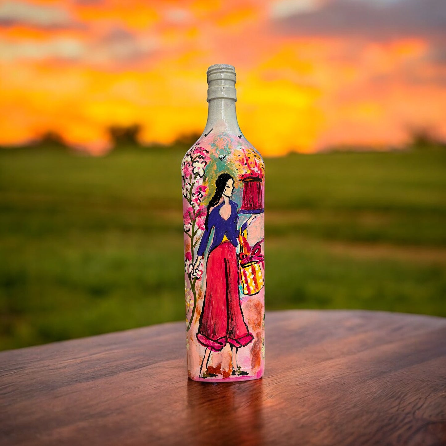 Hand Painted Glass Bottle - Whispers of the Meadow