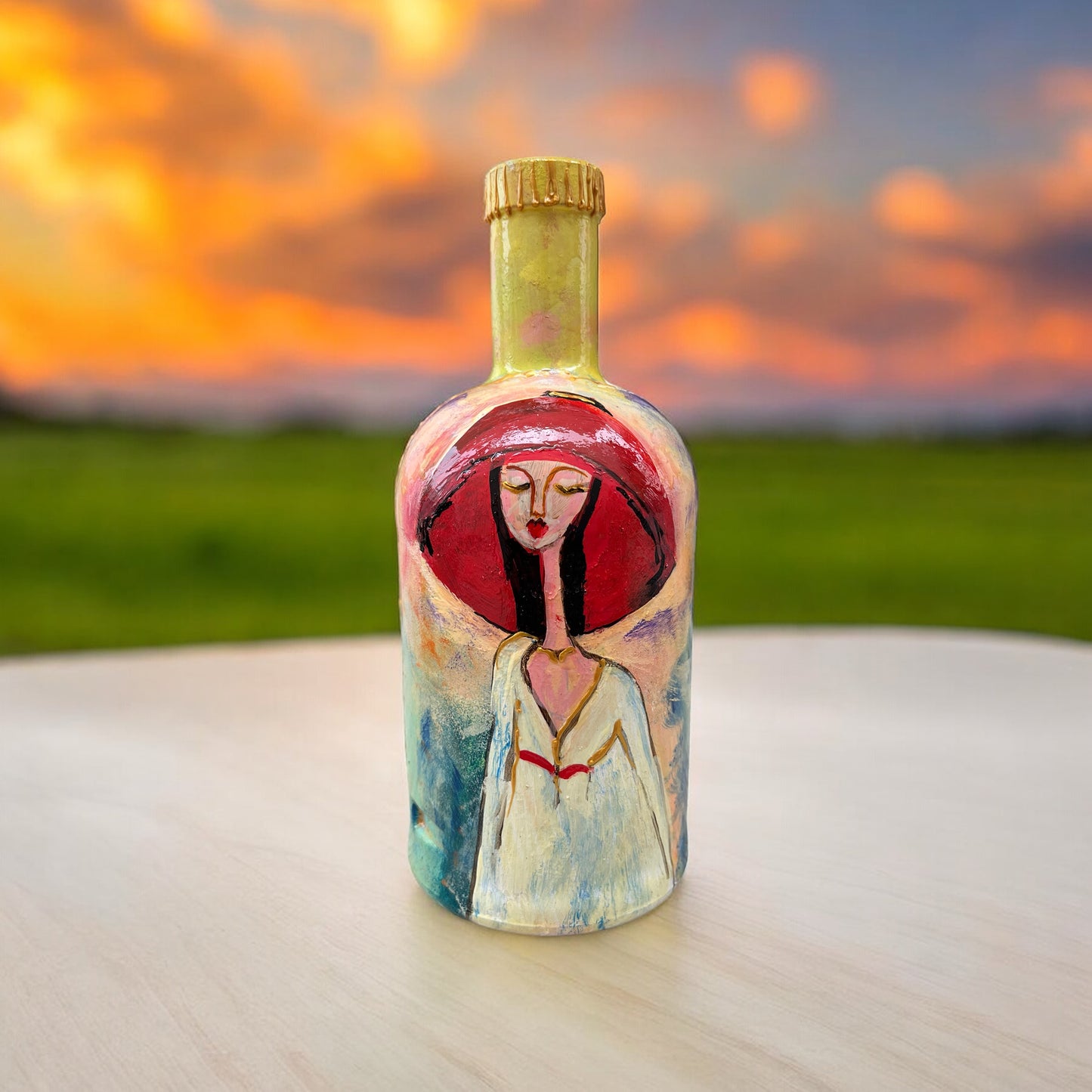 Hand Painted Glass Bottle - Red Hat