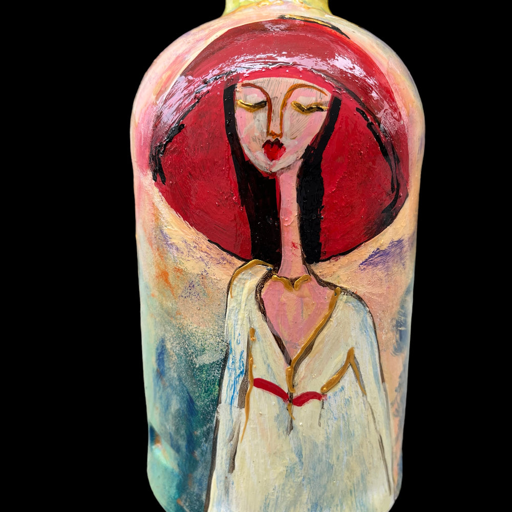 Hand Painted Glass Bottle - Red Hat