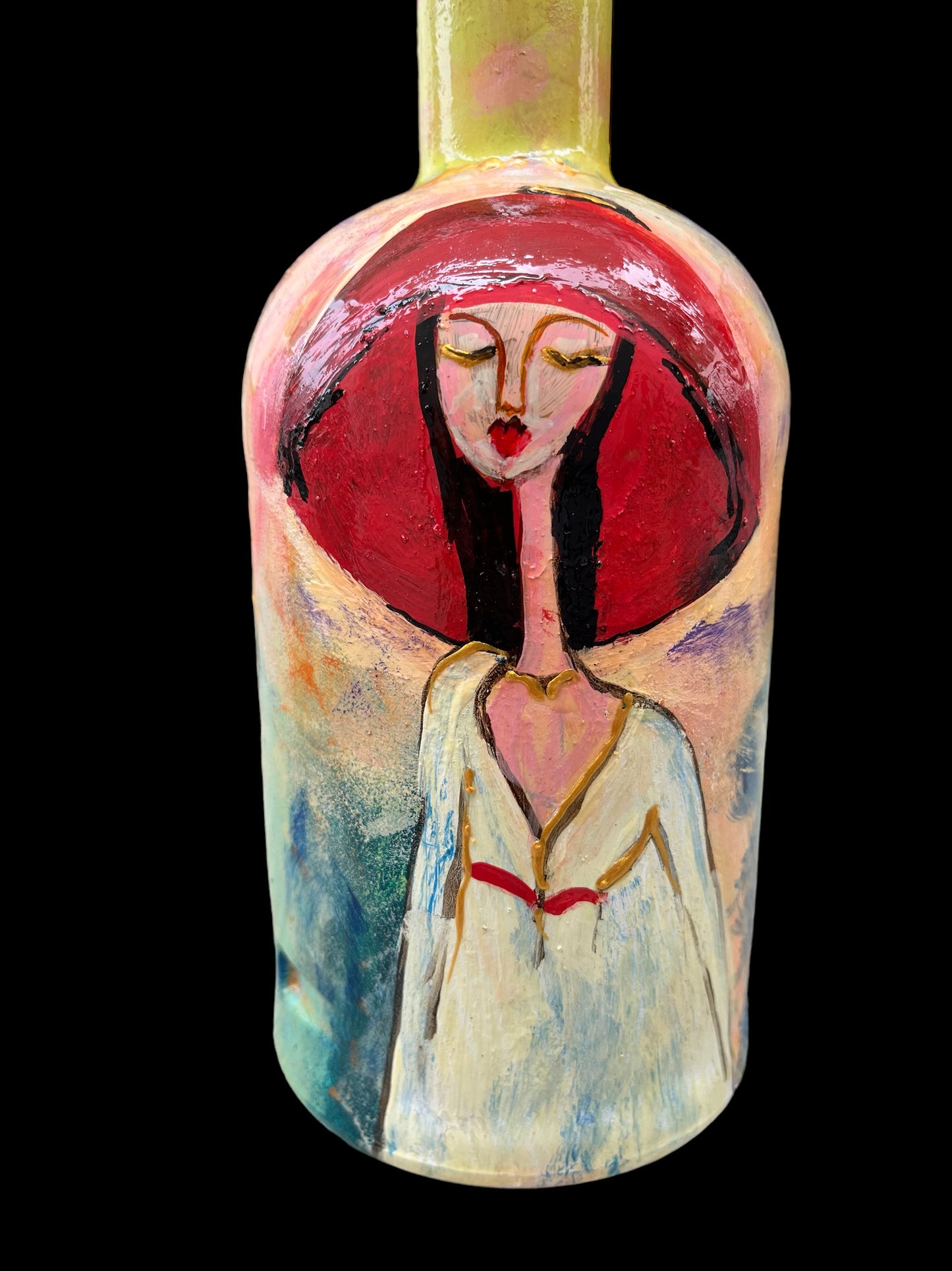 Hand Painted Glass Bottle - Red Hat