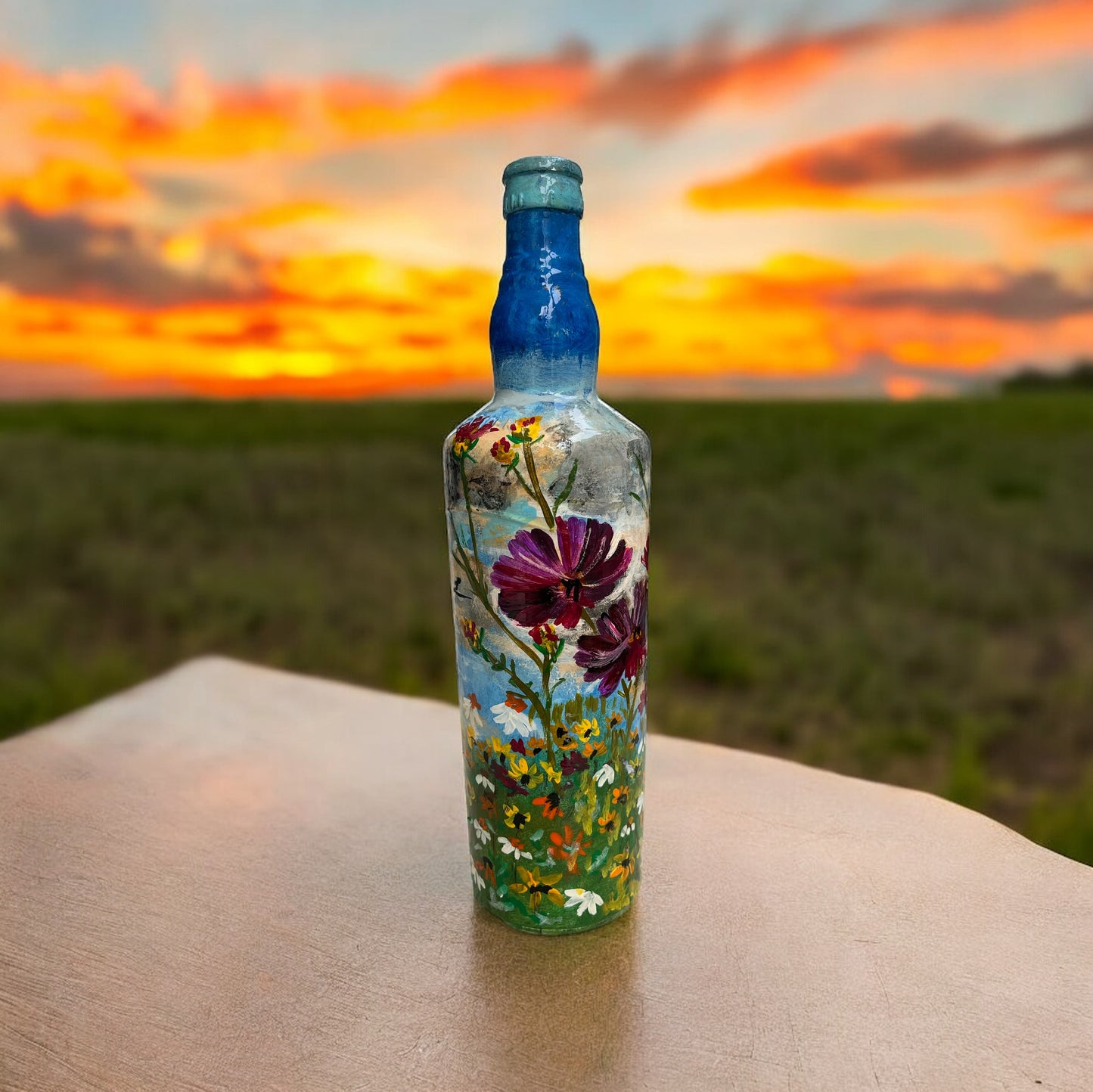 Hand Painted Glass Bottle - Magenta Flowers in Blue