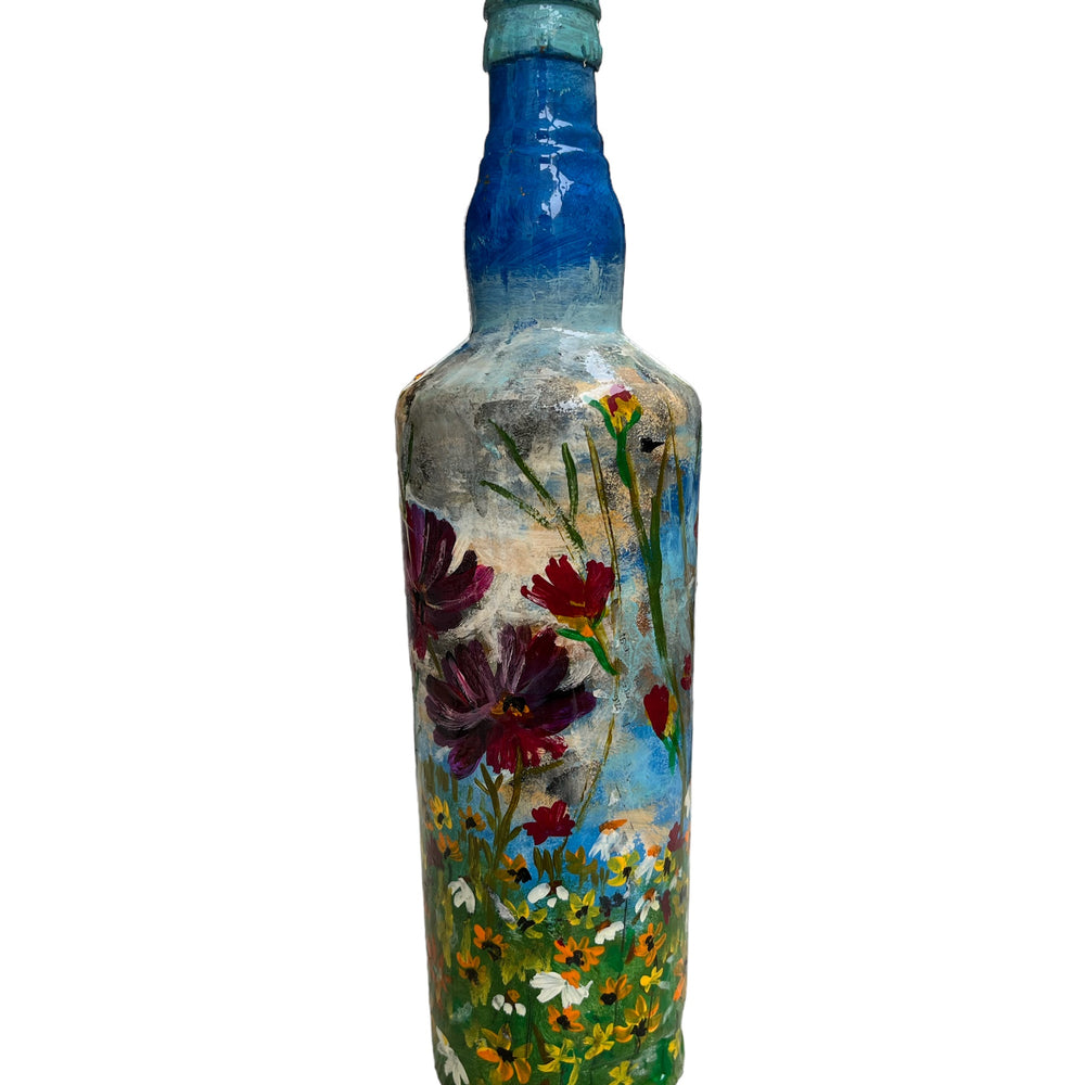 Hand Painted Glass Bottle - Magenta Flowers in Blue