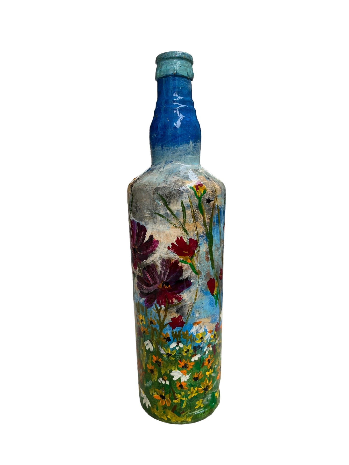 Hand Painted Glass Bottle - Magenta Flowers in Blue