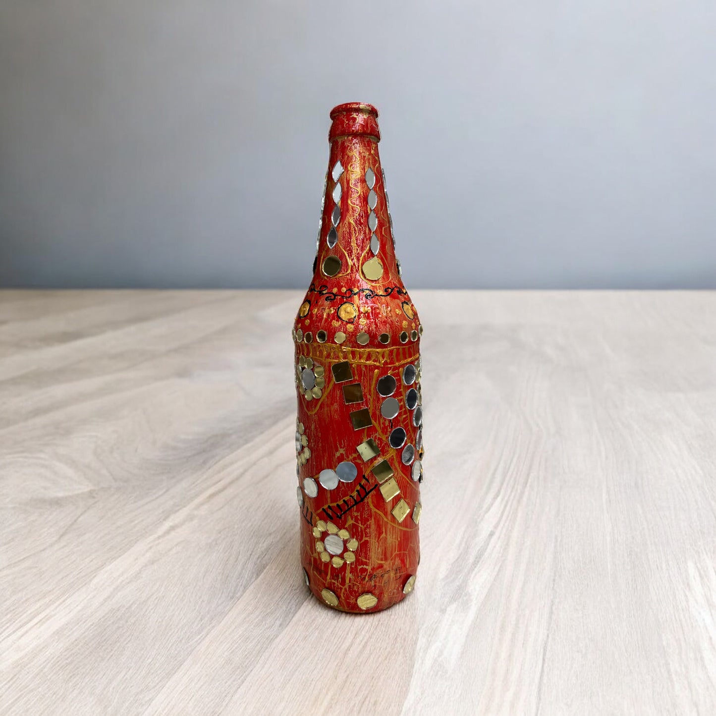 Hand Painted Glass Bottle - Mirrors on Red