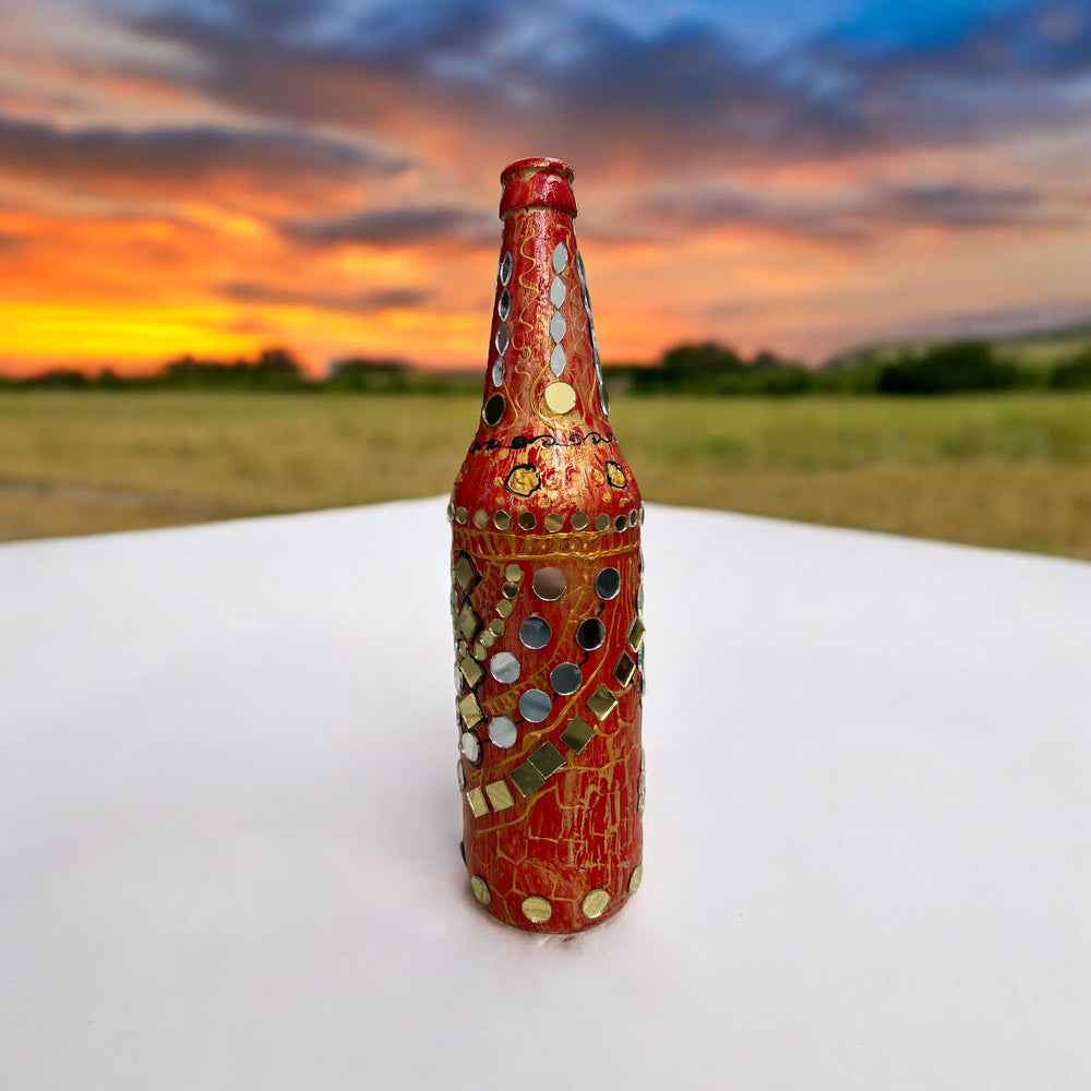 Hand Painted Glass Bottle - Mirrors on Red