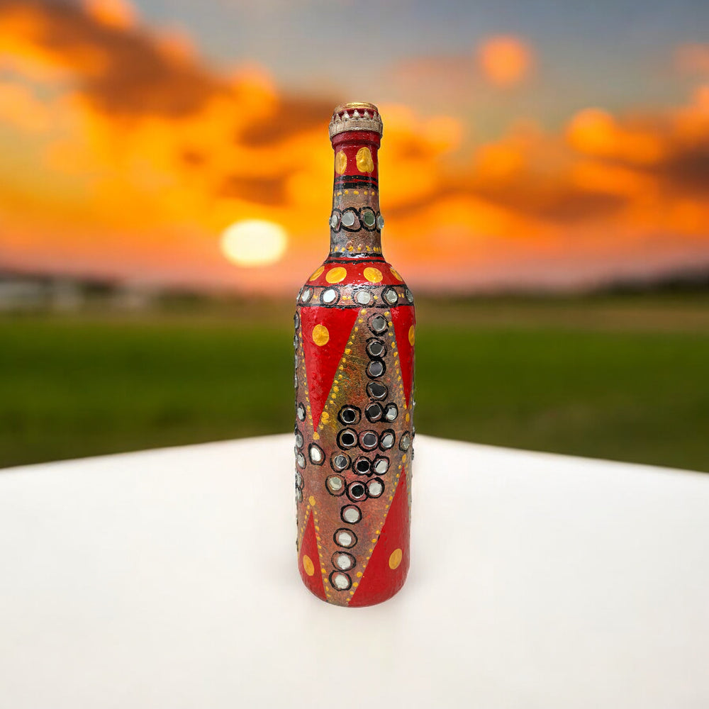 Hand Painted Glass Bottle - Mirrors on Silver Red