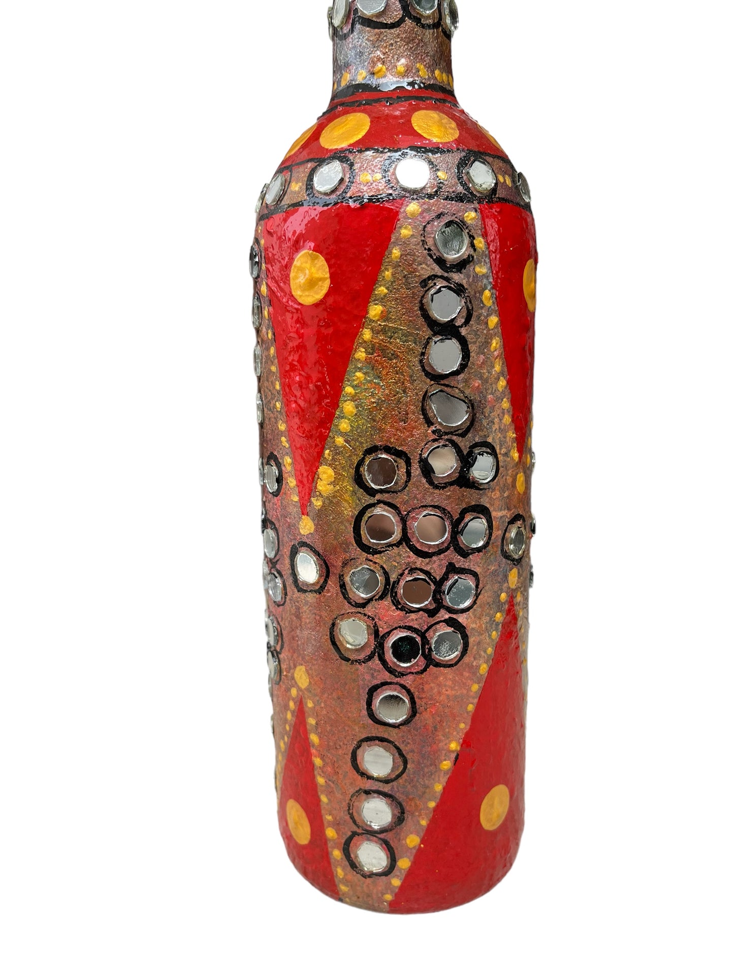 Hand Painted Glass Bottle - Mirrors on Silver Red