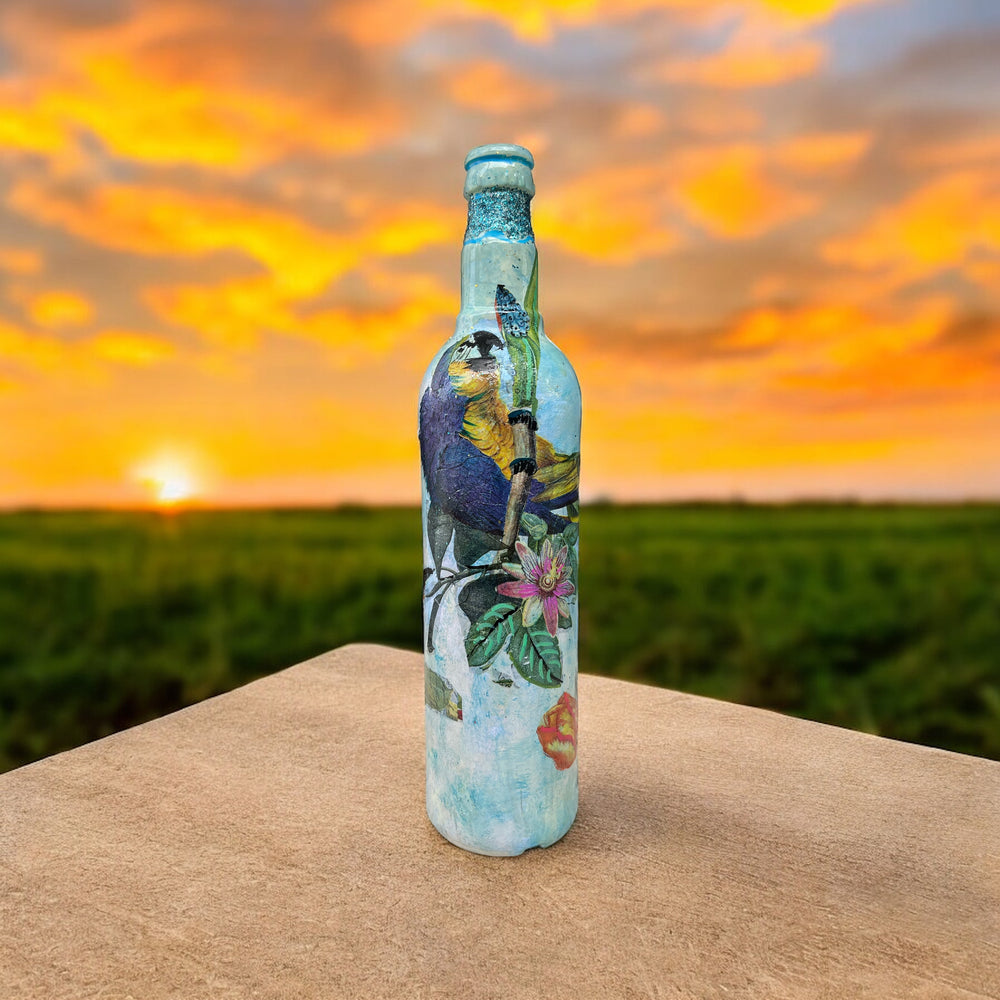 Decoupage Hand Painted Glass Bottle - Parrots