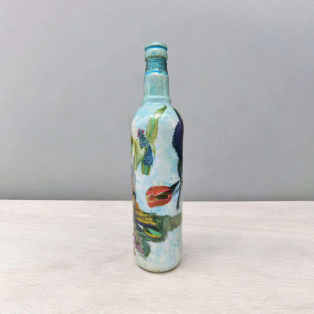 Decoupage Hand Painted Glass Bottle - Parrots